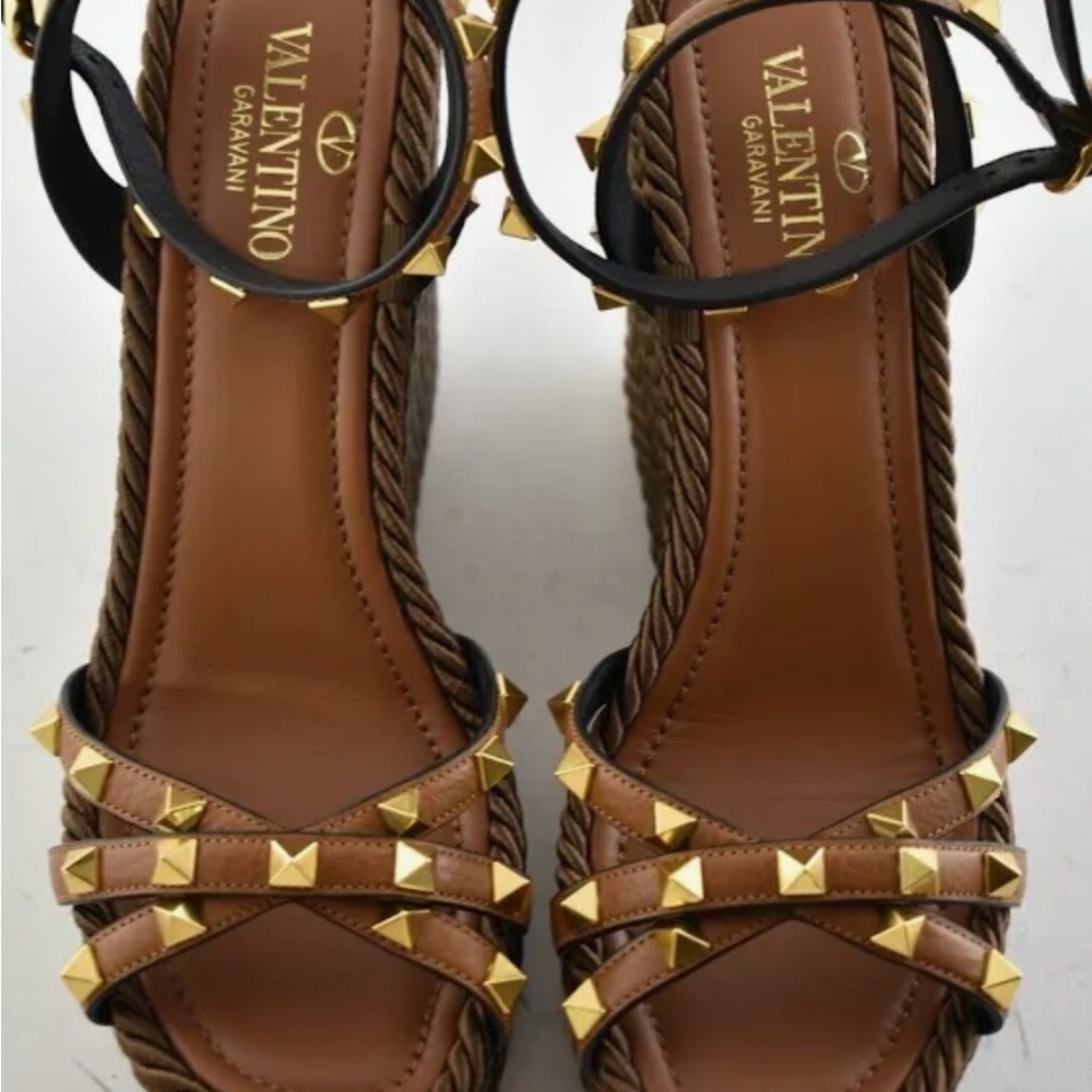 Valentino Brown Leather Rope Wedge Sandals with Gold Studs - Picture 4 of 6